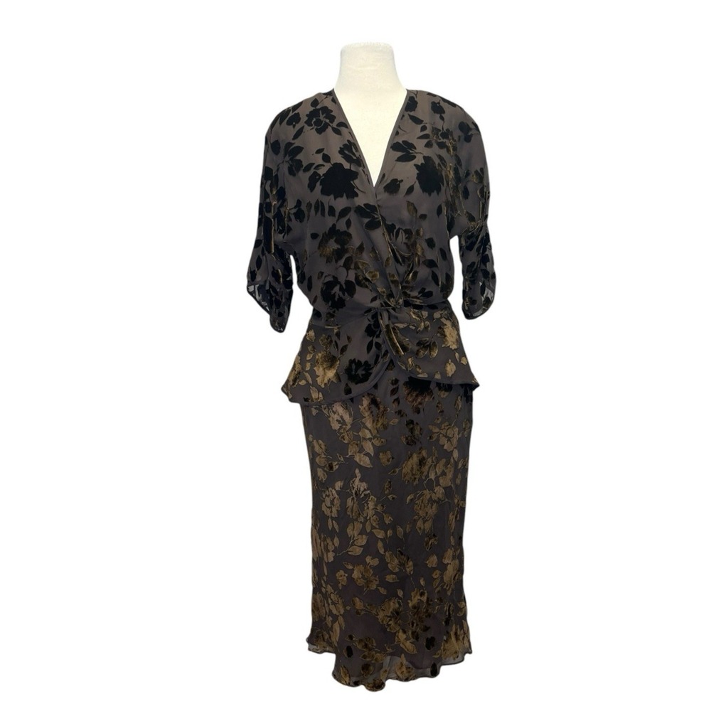 CAROL PERETZ Burnout Velvet Skirt Top Set sz 10 Brown Peplum Twist Quiet Luxury